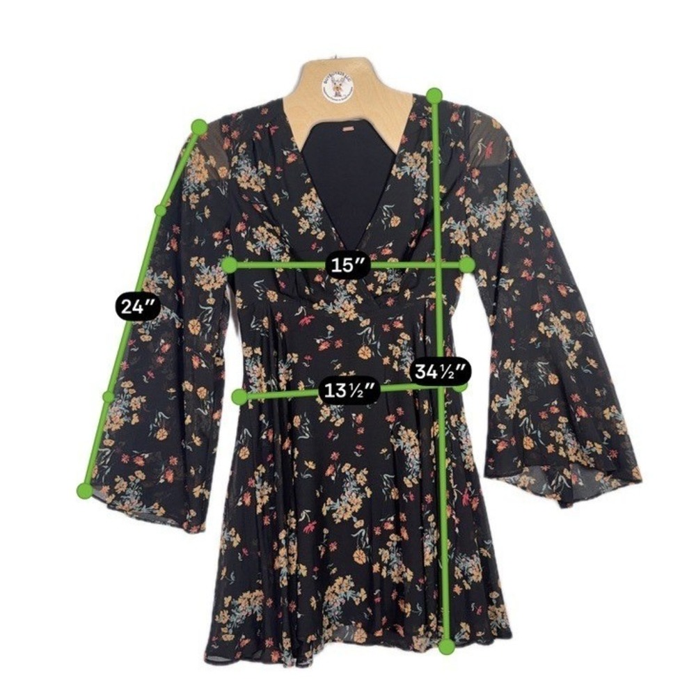 Free People Floral Bell Sleeve Mini Dress Boho Empire Waist XS S - Picture 5 of 5